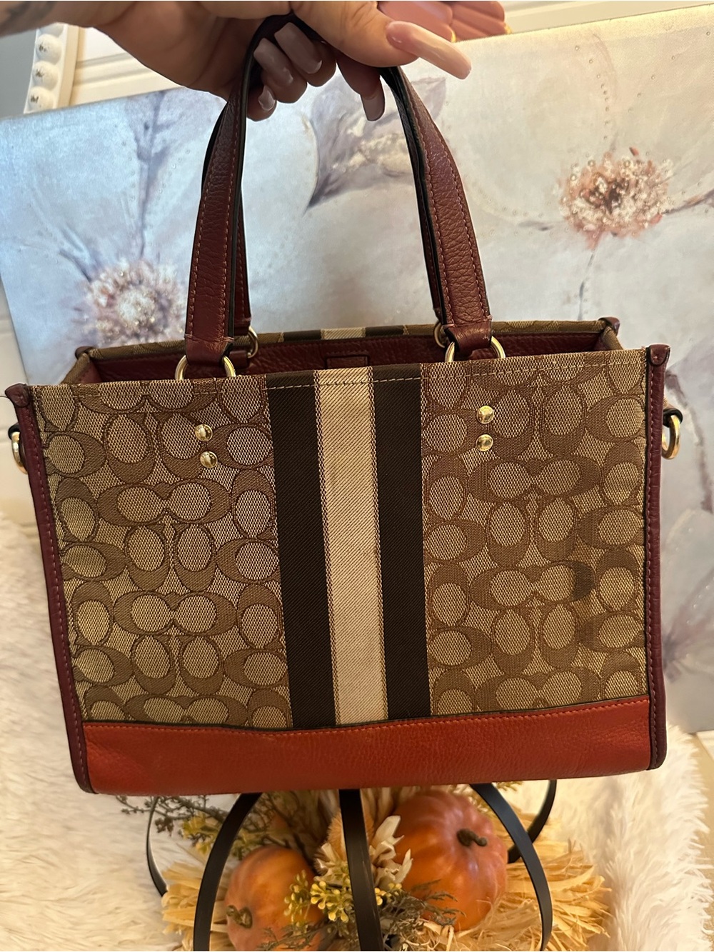 Coach Monogram Shoulder Bag with Red Trim and Yellow Logo Patch - Picture 2 of 11